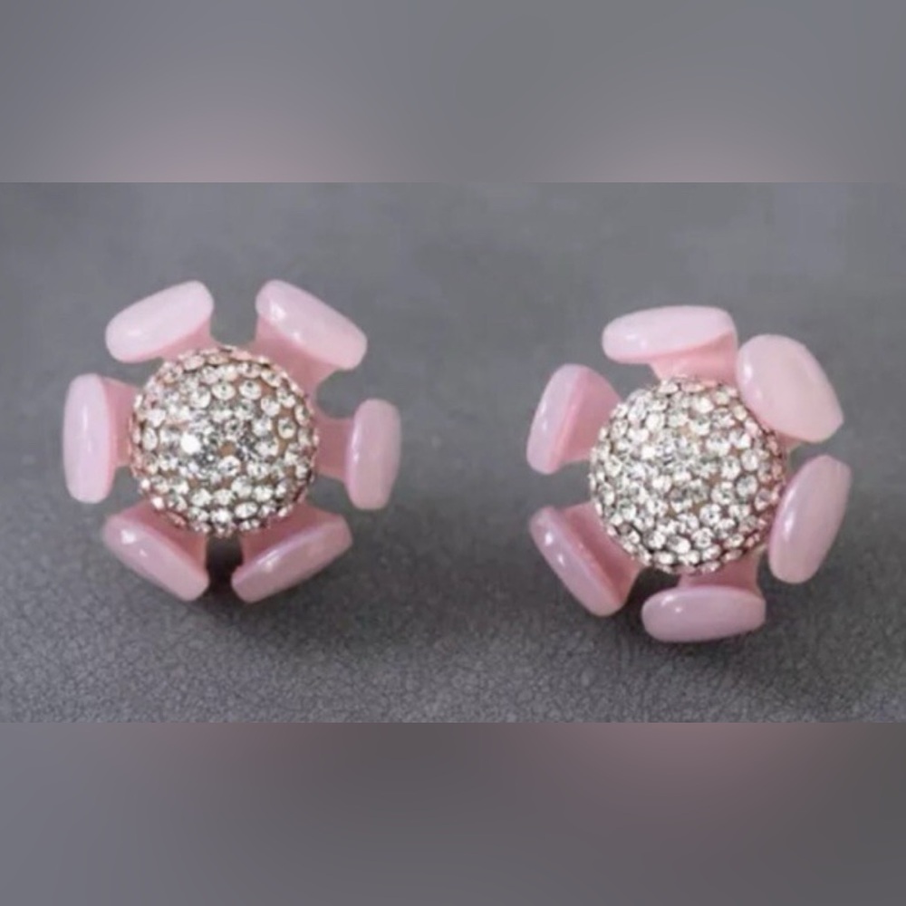 Lele Sadoughi Pink Floral Earrings with Bedazzled Center - Picture 1 of 4